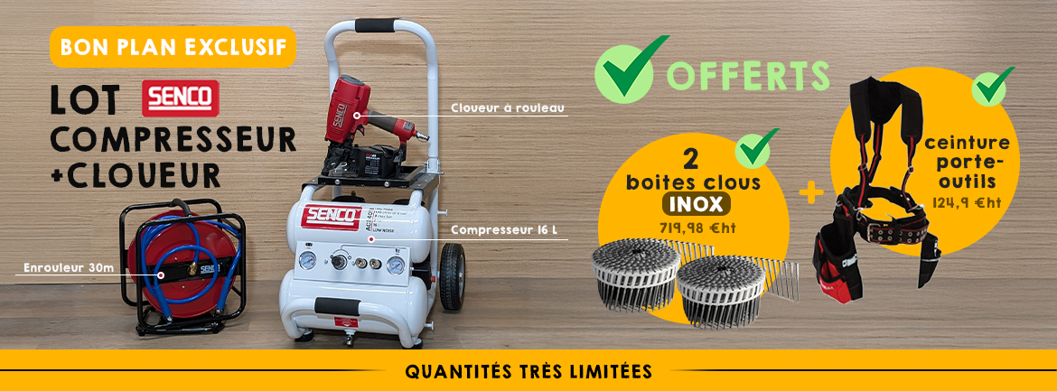 Bon plan exclusif lot compresseur+cloueur Senco : 2 boites de clous Inox + ceinture porte-outils offerts
